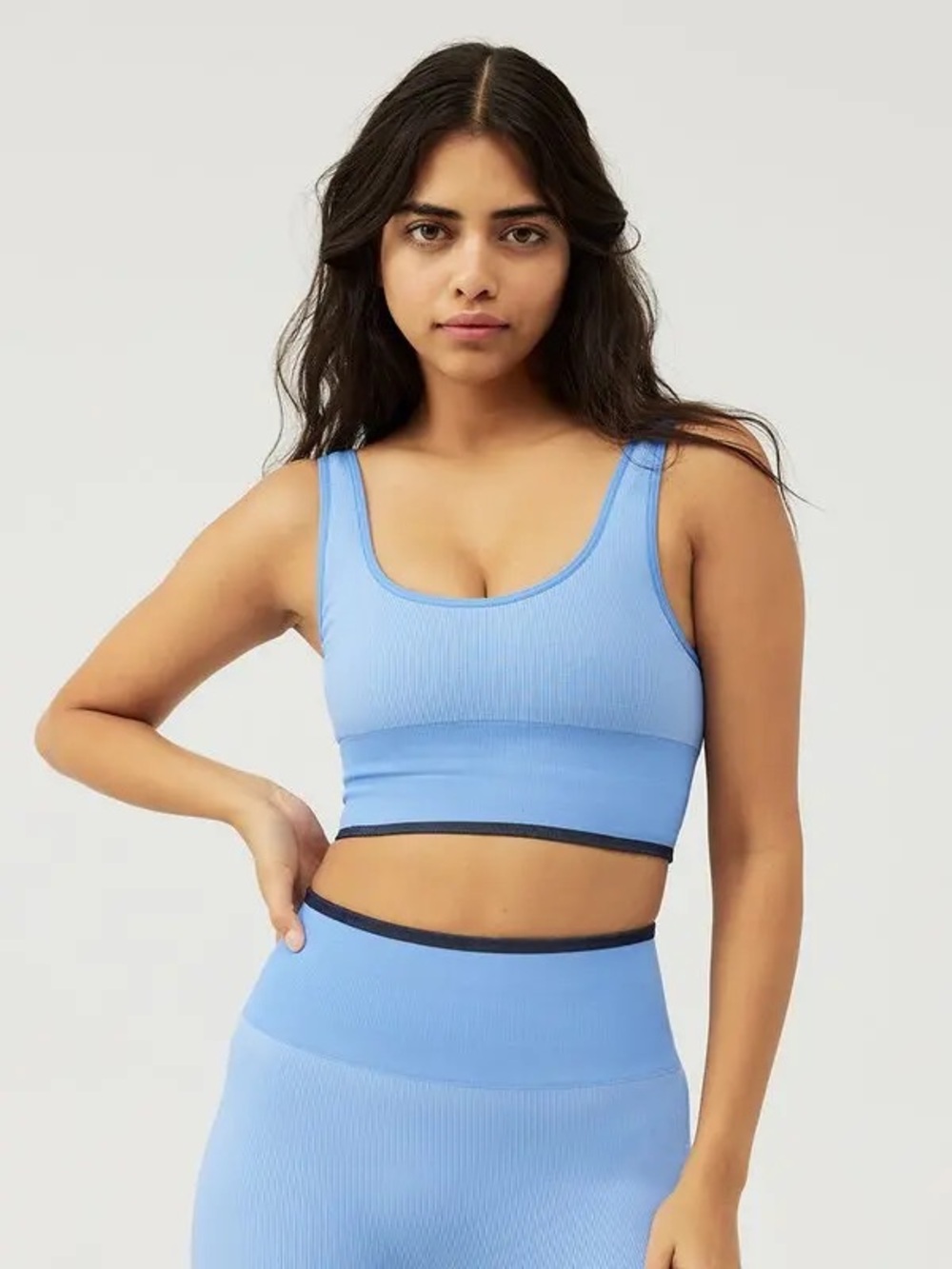 Outdoor Voices Seamless Rib Longline Bra Size XXS Blue Black